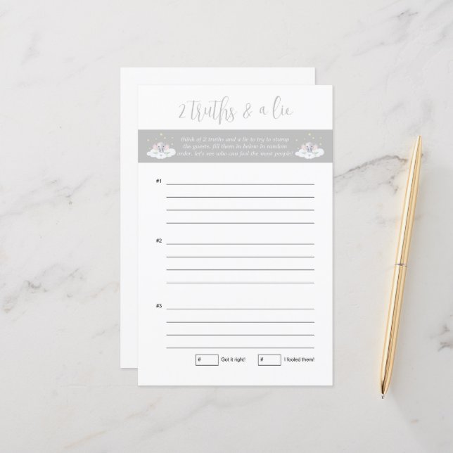 Baby Shower Two Truths and a Lie Game Elephant (Front/Back In Situ)