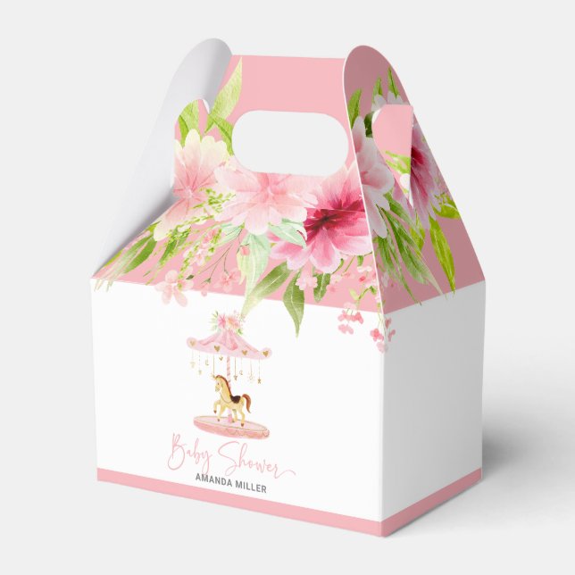 Baby Shower Typography Pink Floral Pony Carousel Favour Box (Front Side)