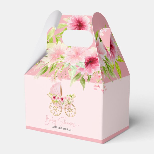 Baby Shower Typography Pink Floral Stroller Favour Box (Front Side)