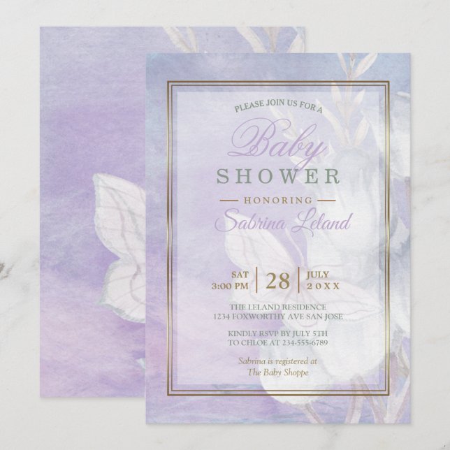 Baby Shower Ultra Violet Watercolor Butterfly Invitation (Front/Back)