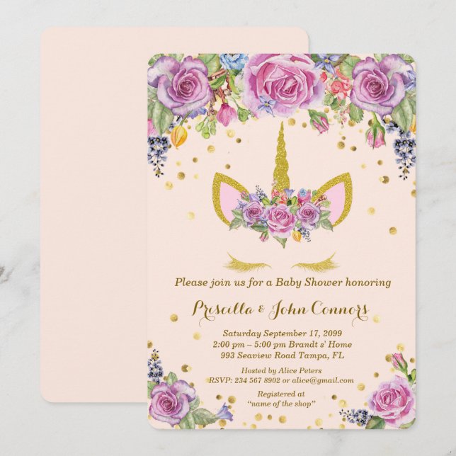 Baby Shower Unicorm invitation,pink,flowers Invitation (Front/Back)