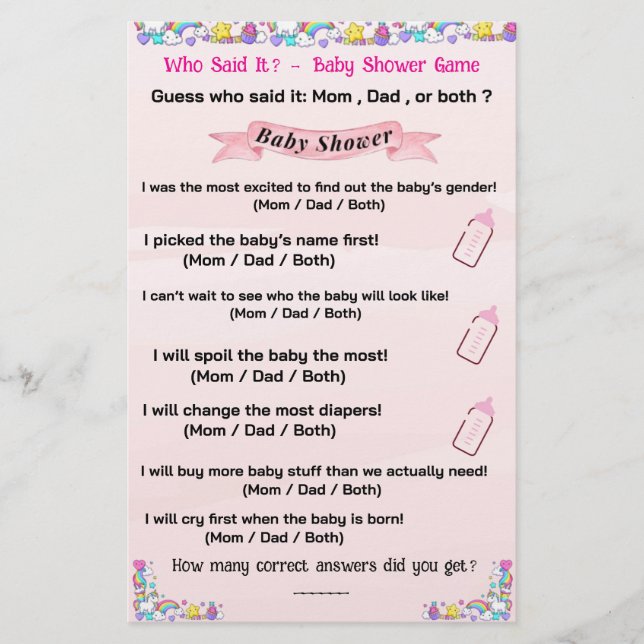 Baby shower unicorn party game (Front)