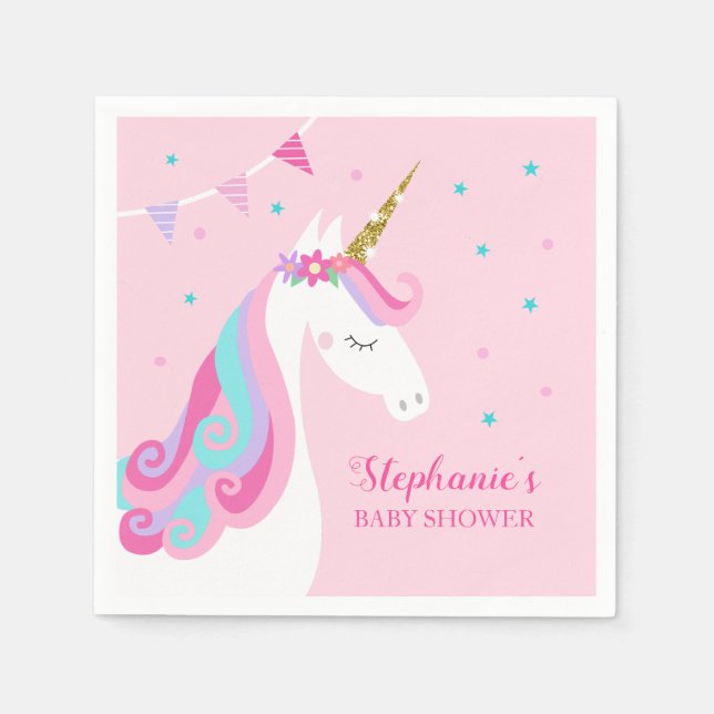 Baby Shower Unicorn Pink Personalised Napkin (Front)