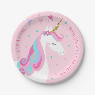 Baby Shower Unicorn Pink Personalised Paper Plate