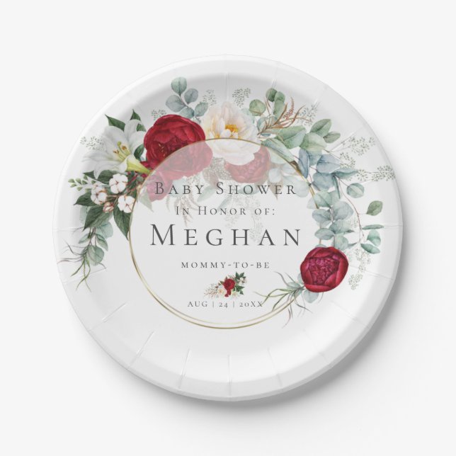 Baby Shower | Vibrant Red Peony Bouquet Paper Plate (Front)