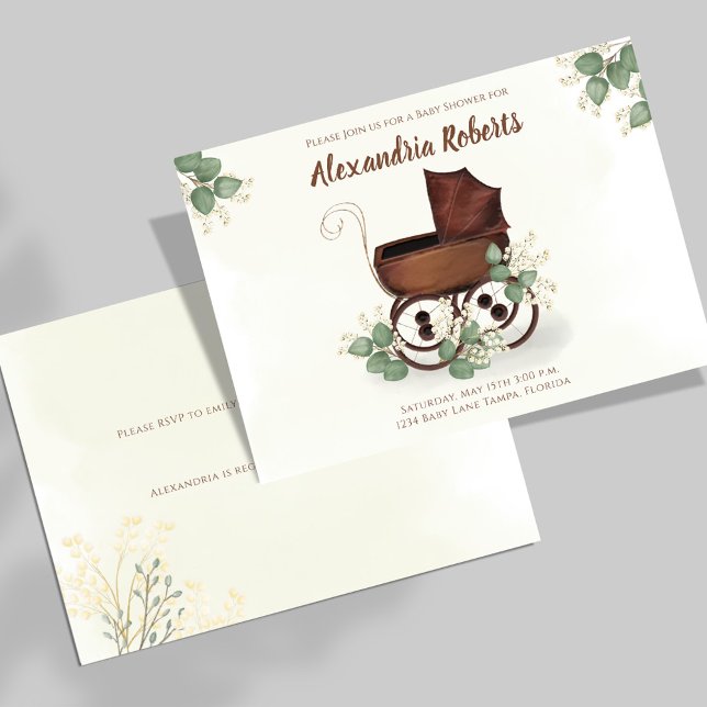 Baby Shower Vintage Carriage Greenery Invitation (Baby shower vintage baby carriage invitations. )
