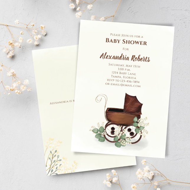 Baby Shower Vintage Carriage Greenery Invitation (Baby shower invitation with vintage baby carriage.)