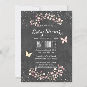 Baby Shower Vintage Chalkboard Butterfly & Flowers Invitation