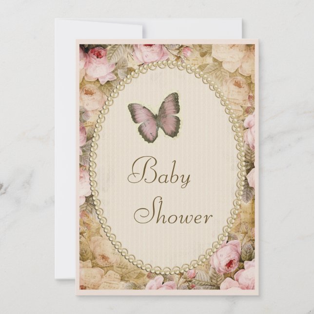 Baby Shower Vintage Pearls Lace Roses Butterfly Invitation (Front)