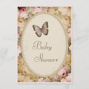 Baby Shower Vintage Pearls Lace Roses Butterfly Invitation