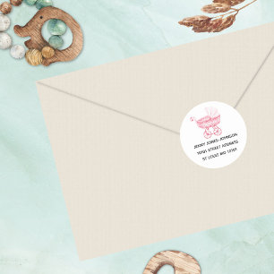 Baby Shower Vintage Pink Toy Buggy Address Classic Round Sticker