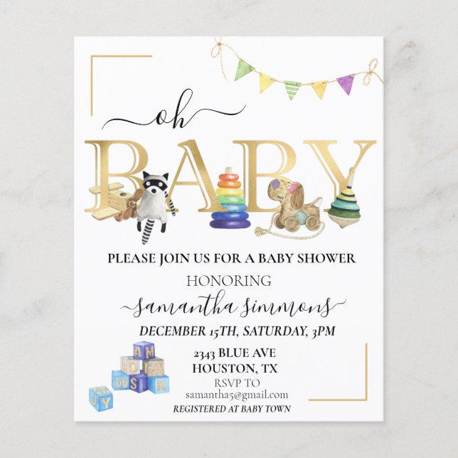 Baby Shower Vintage Wood Toys Gold  (Front)