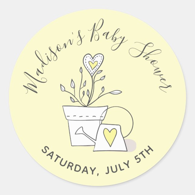 Baby Shower Watch me Grow Yellow Potted Plant Classic Round Sticker (Front)