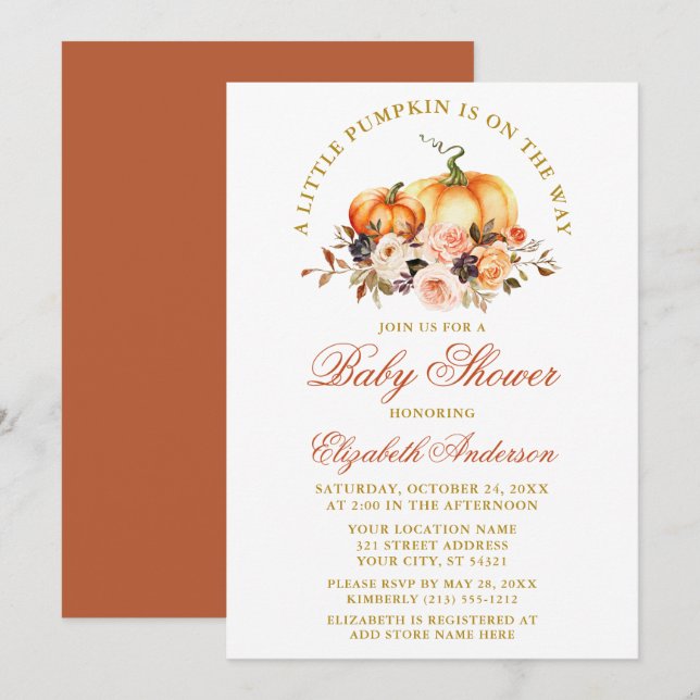 Baby Shower Watercolor Autumn Floral Pumpkins Gold Invitation (Front/Back)