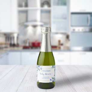 Baby Shower Watercolor Blue Floral Sparkling Wine Label