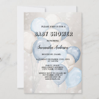 Baby Shower Watercolor Blue White Balloons Party Invitation