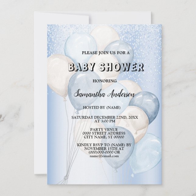 Baby Shower Watercolor Blue White Balloons Party Invitation (Front)