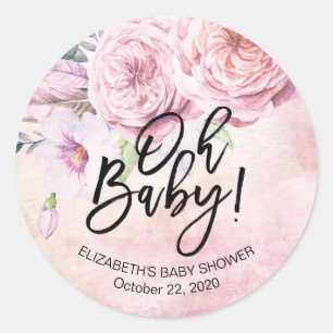 Baby Shower Watercolor Bohemian Flowers & Feathers Classic Round Sticker