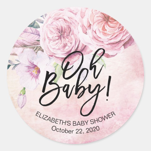 Baby Shower Watercolor Bohemian Flowers & Feathers Classic Round Sticker (Front)