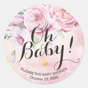 Baby Shower Watercolor Bohemian Flowers & Feathers Classic Round Sticker