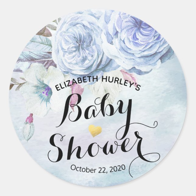 Baby Shower Watercolor Bohemian Flowers & Feathers Classic Round Sticker (Front)