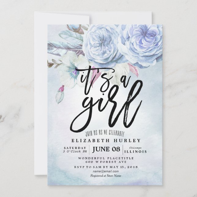 Baby Shower Watercolor Bohemian Flowers & Feathers Invitation (Front)