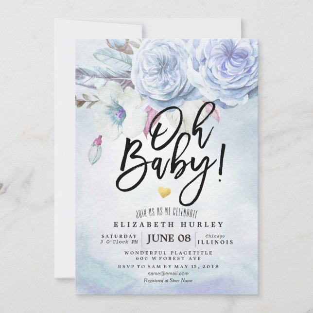 Baby Shower Watercolor Bohemian Flowers & Feathers Invitation (Front)