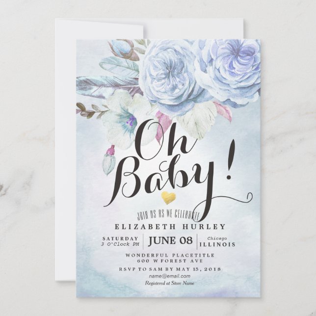 Baby Shower Watercolor Bohemian Flowers & Feathers Invitation (Front)