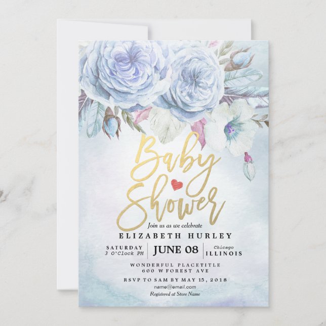 Baby Shower Watercolor Bohemian Flowers & Feathers Invitation (Front)