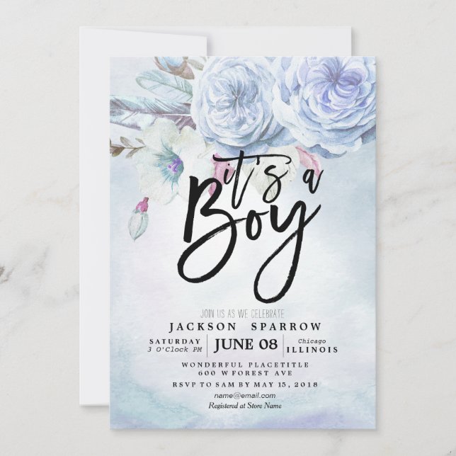 Baby Shower Watercolor Bohemian Flowers & Feathers Invitation (Front)