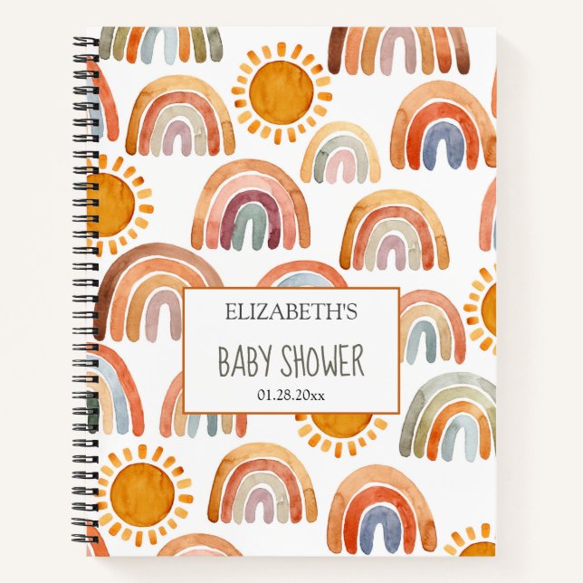 Baby Shower Watercolor Boho Rainbow and Sunshine  Notebook (Front)
