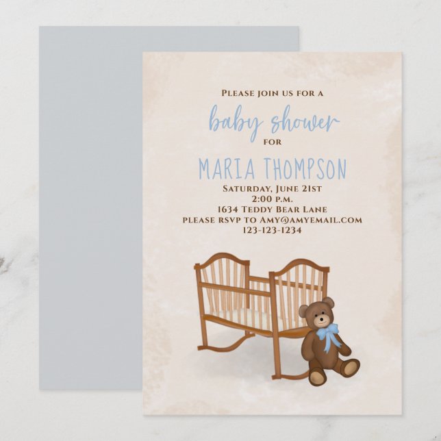 Baby Shower Watercolor Boy Rustic Stuffed Animal Invitation (Front/Back)