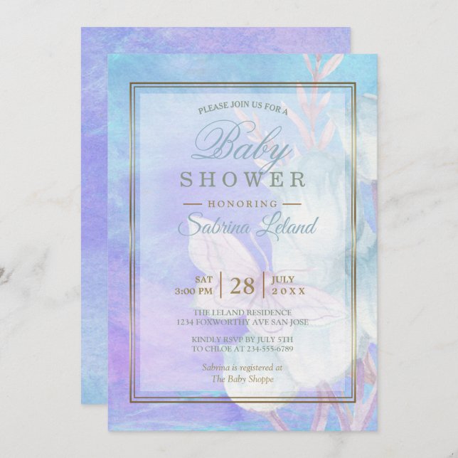 Baby Shower Watercolor Butterfly and Blue Tulips Invitation (Front/Back)