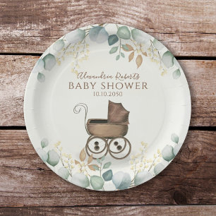 Baby Shower Watercolor Cute Eucalyptus Leaves Paper Plate