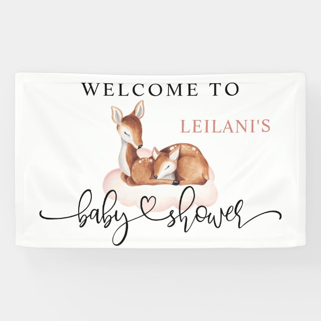 Baby Shower Watercolor Deer Pink Cloud Welcome Banner (Horizontal)
