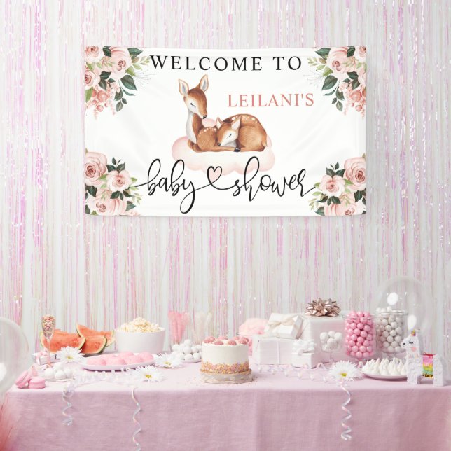 Baby Shower Watercolor Deer Pink Floral Welcome Banner (Party)