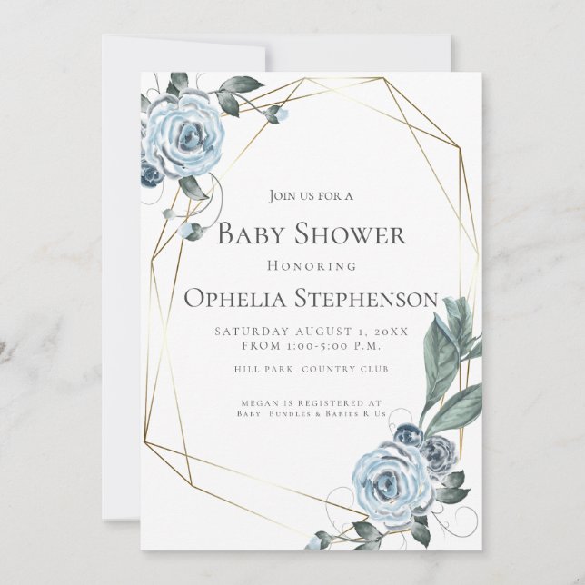 Baby Shower | Watercolor Dusty Blue Floral Announcement (Front)