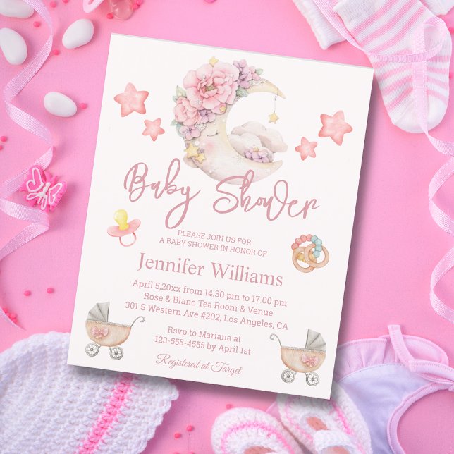 baby shower watercolor floral moon pink invitation (Creator Uploaded)
