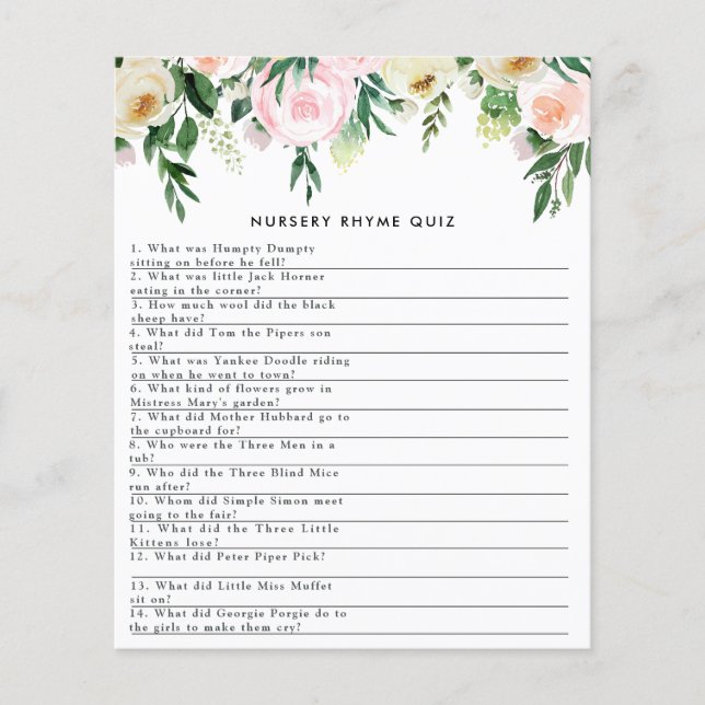 Baby shower watercolor floral nursery rhyme game (Front)
