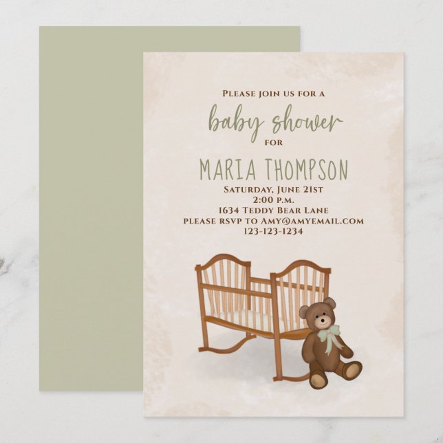 Baby Shower Watercolor Gender Neutral Rustic Teddy Invitation (Front/Back)