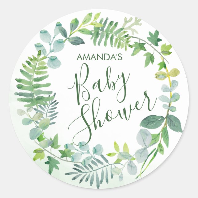 Baby Shower Watercolor Greenery Wreath Classic Round Sticker (Front)
