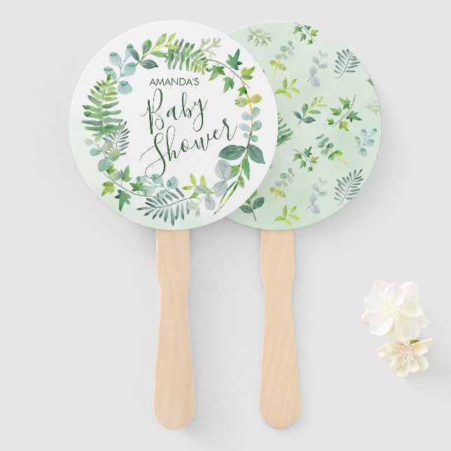 Baby Shower Watercolor Greenery Wreath Hand Fan (Front and Back)