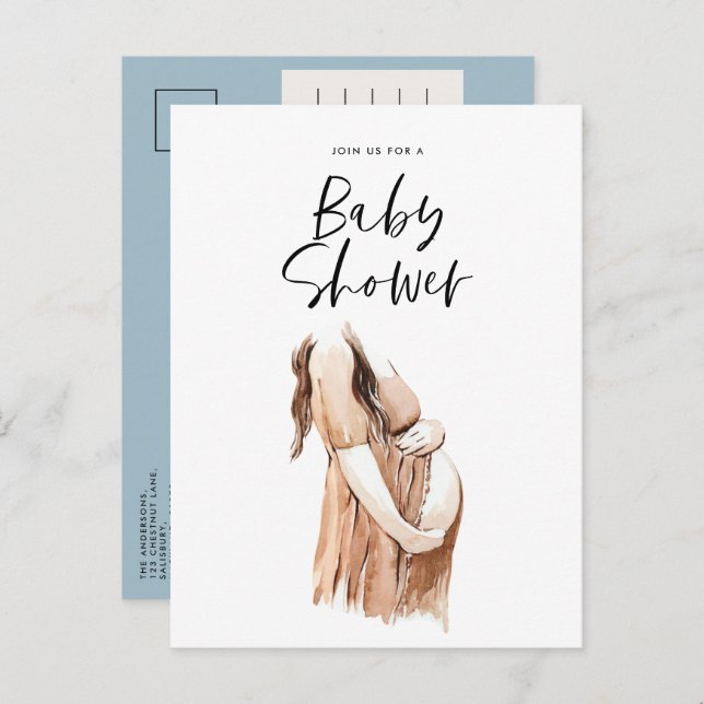 Baby shower watercolor illustration simple script invitation postcard (Front/Back)
