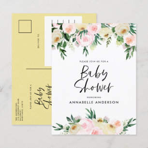 Baby shower watercolor lemon girly floral script invitation postcard