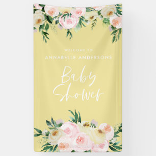Baby shower watercolor lemon yellow floral script banner