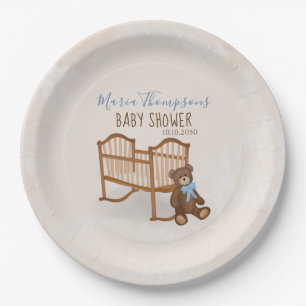 Baby Shower Watercolor Modern Teddy Bear Cradle Paper Plate