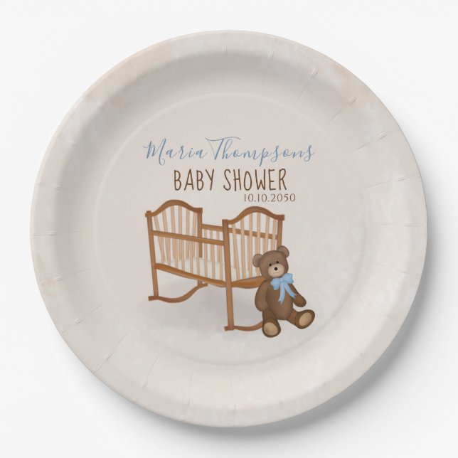 Baby Shower Watercolor Modern Teddy Bear Cradle Paper Plate (Front)
