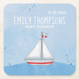 Baby Shower Watercolor Nautical Ship Whimsical Square Paper Coaster