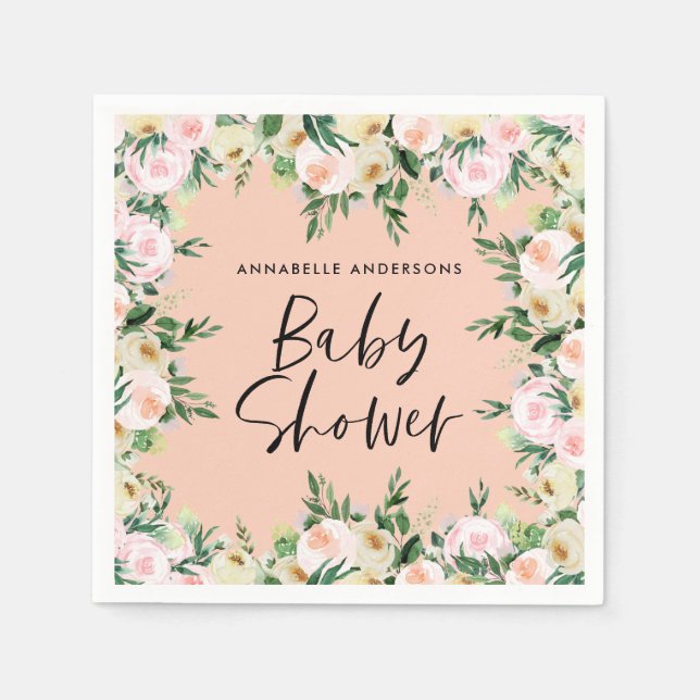 Baby shower watercolor peach girly floral script napkin (Front)