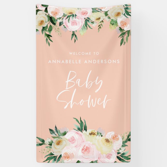Baby shower watercolor peach pink floral script banner (Vertical)